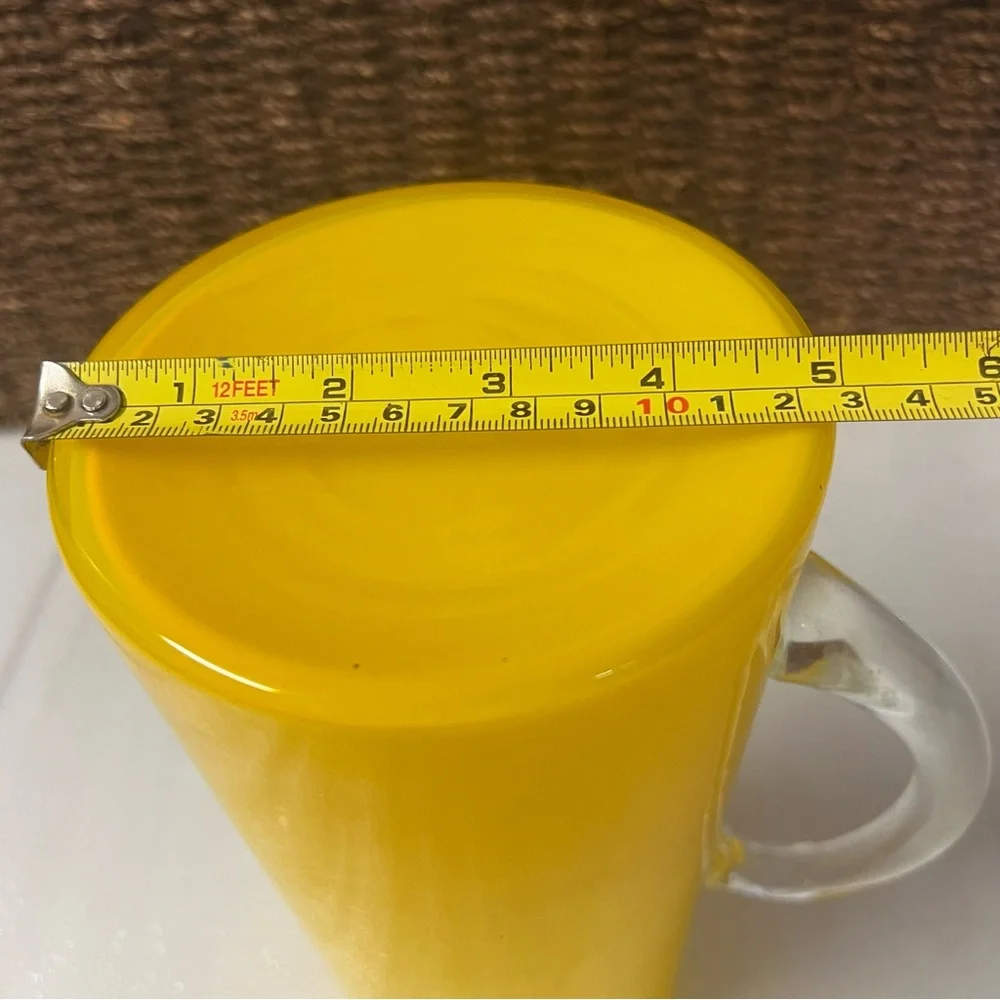 Vintage MCM Yellow Glass Beverage Pitcher With Clear Applied Handle - Picture 14 of 14